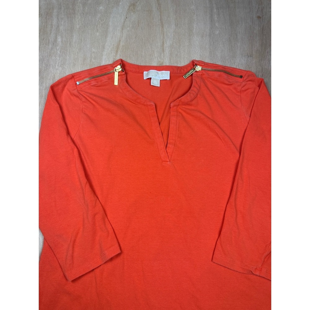 Michael Kors Orange V Neck 3/4 Sleeve Top Gold Zip Detail Women's Size XL - Picture 4 of 8